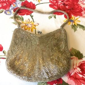 VINTAGE Art Deco Silver Glass Beaded Evening Bag